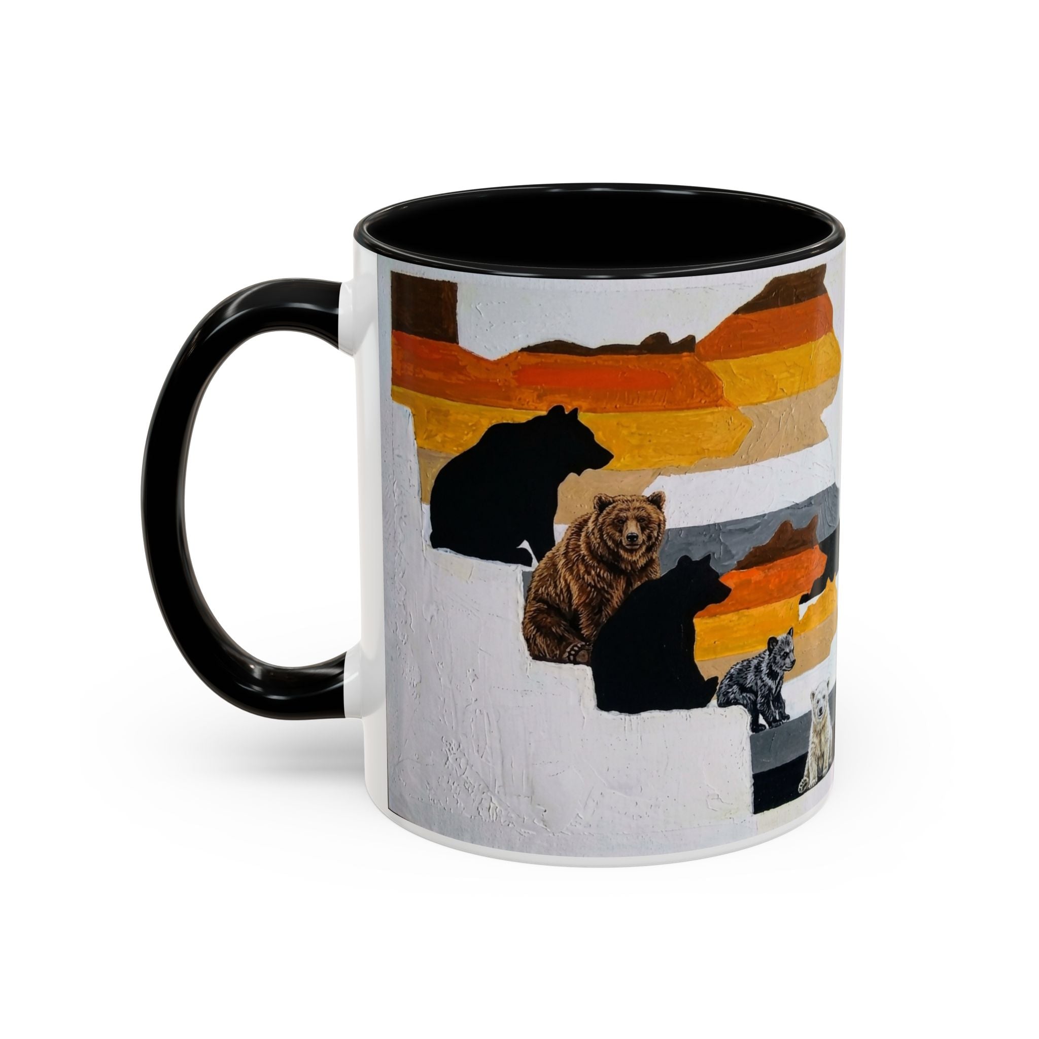 Bear Silhouette Accent Coffee Mug — Sunset Mountain Wildlife Design (11/15oz) Bear Pride. Leather man pride. Bears in leather.