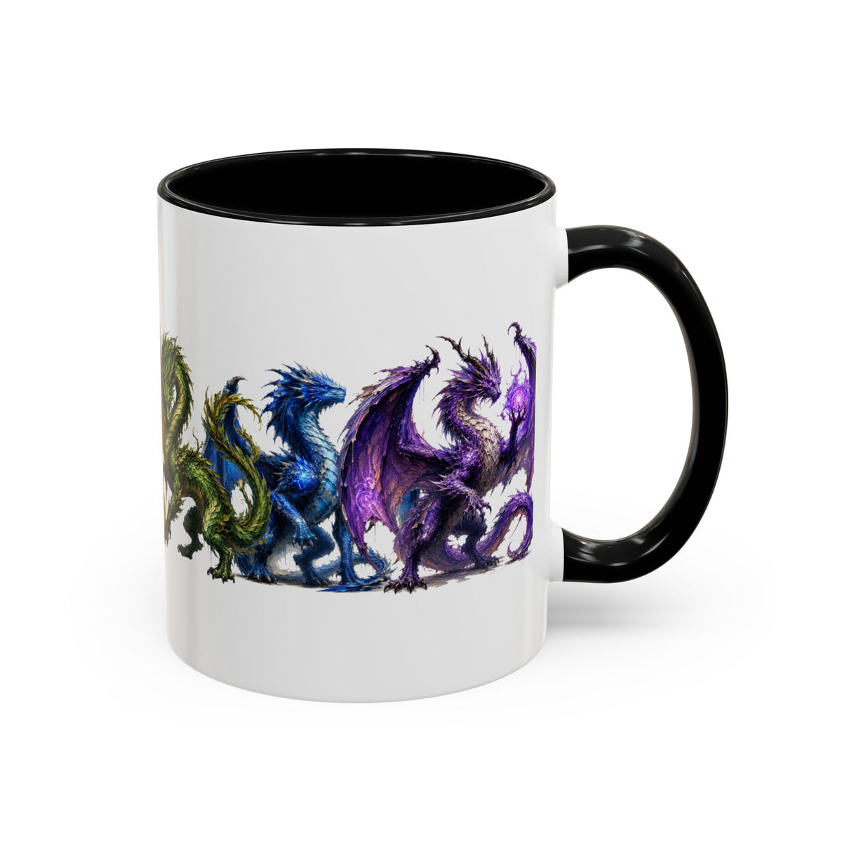 Rainbow Dragon Lineup Accent Coffee Mug — Colorful Fantasy Creature Tea & Coffee Cup