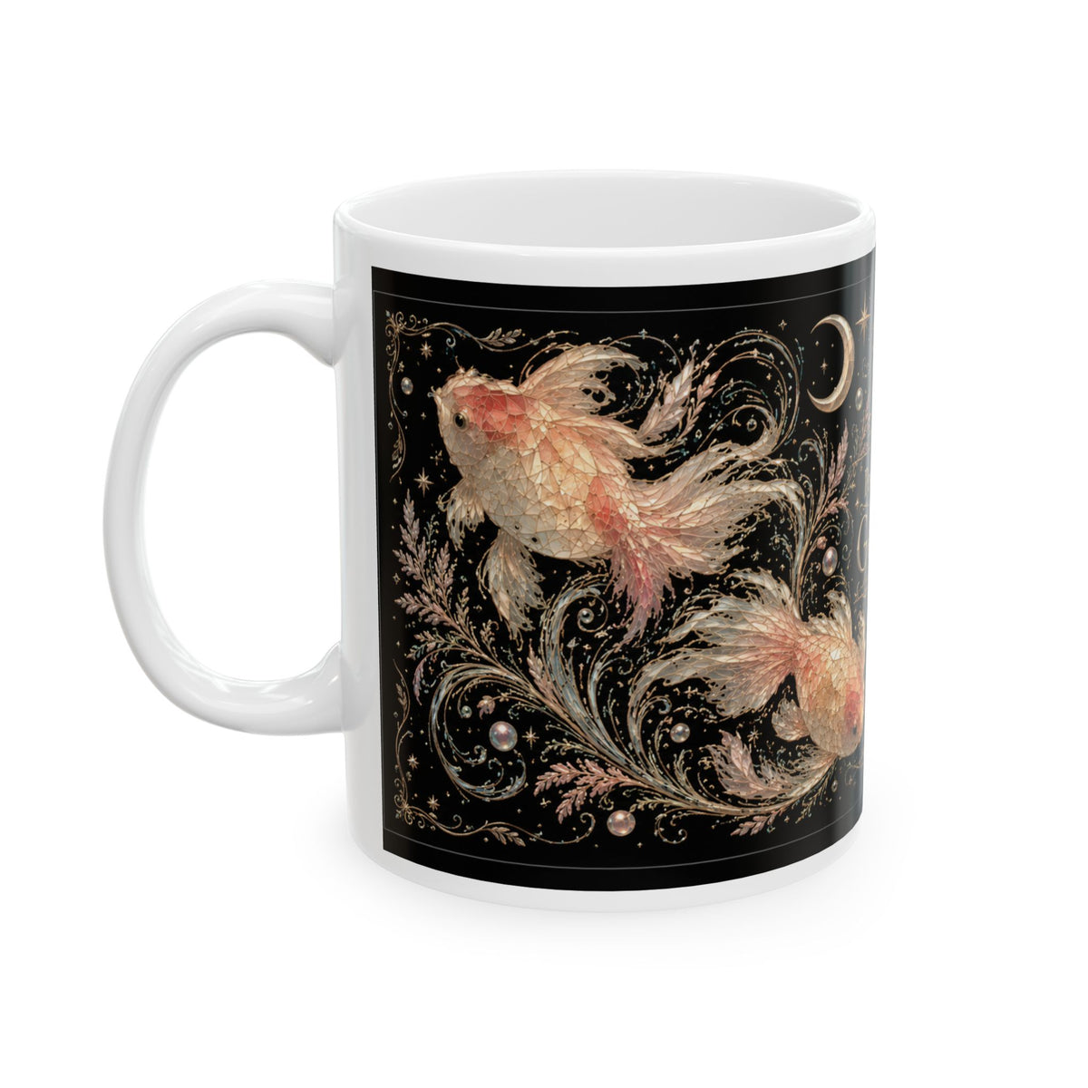Goldfish Ceramic Mug — "Powered by Goldfish" Mystical Aquatic Coffee Cup (11oz/15oz)
