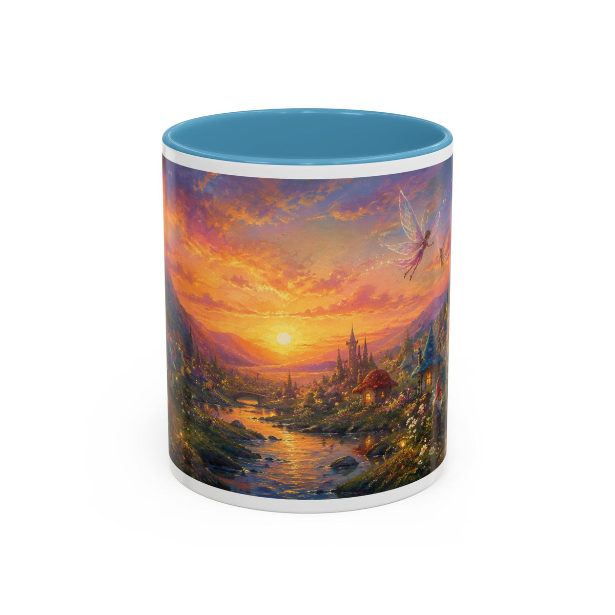 Fantasy Sunset Coffee Mug — Whimsical Village Sunrise Art Accent Mug (11/15oz)