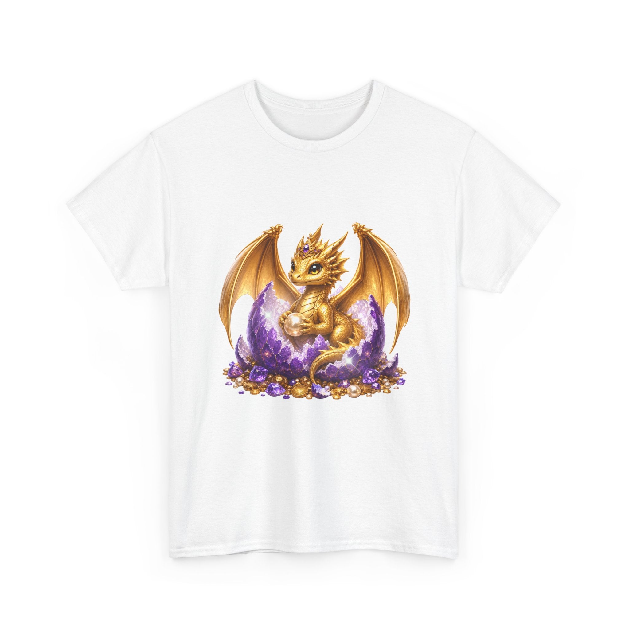 Golden Baby Dragon Tee — Cute Fantasy Dragon Shirt with Purple Egg