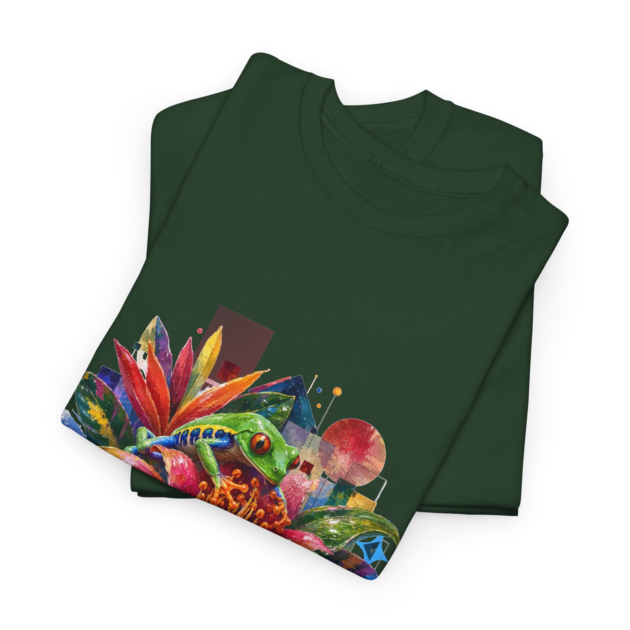T-Shirt — Tropical Floral Collage Tee. Frog tee, Tree Frogs in Foliage. Eco-friendly reminder.