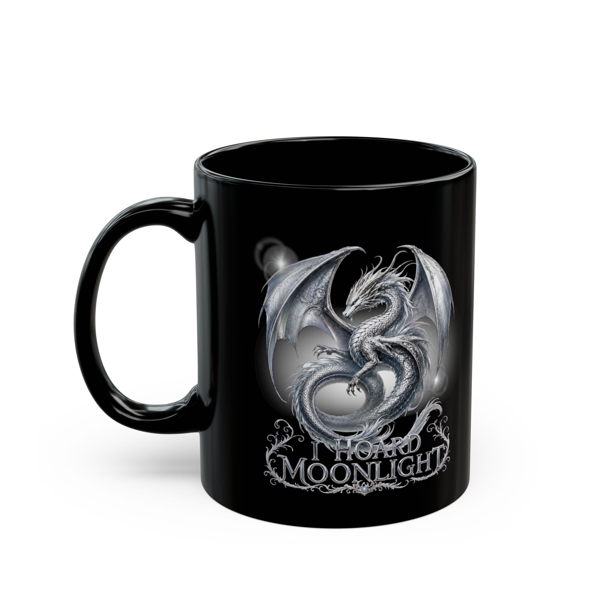 Silver Dragon Orb Black Mug — Fantasy Coffee Cup (11oz, 15oz)