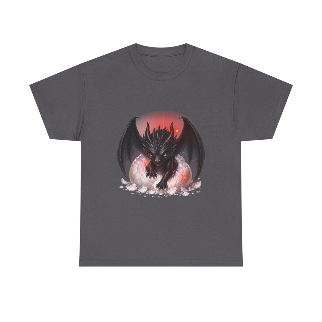 Dragon Hatchling T‑Shirt — Cute Black Baby Dragon Emerging from Egg Graphic Tee