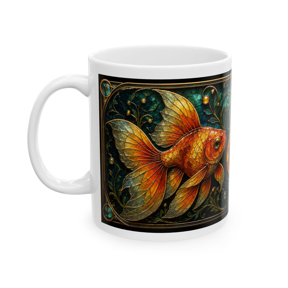 Powered by Gold Ceramic Mug — Fantasy Goldfish Art Coffee Cup (11oz & 15oz)