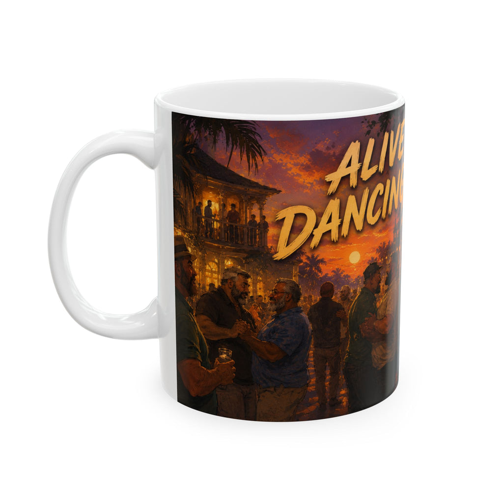 Alive, Well & Dancing Together Ceramic Mug — Vintage Festival Night Coffee Cup (11oz/15oz) Bear community festival event
