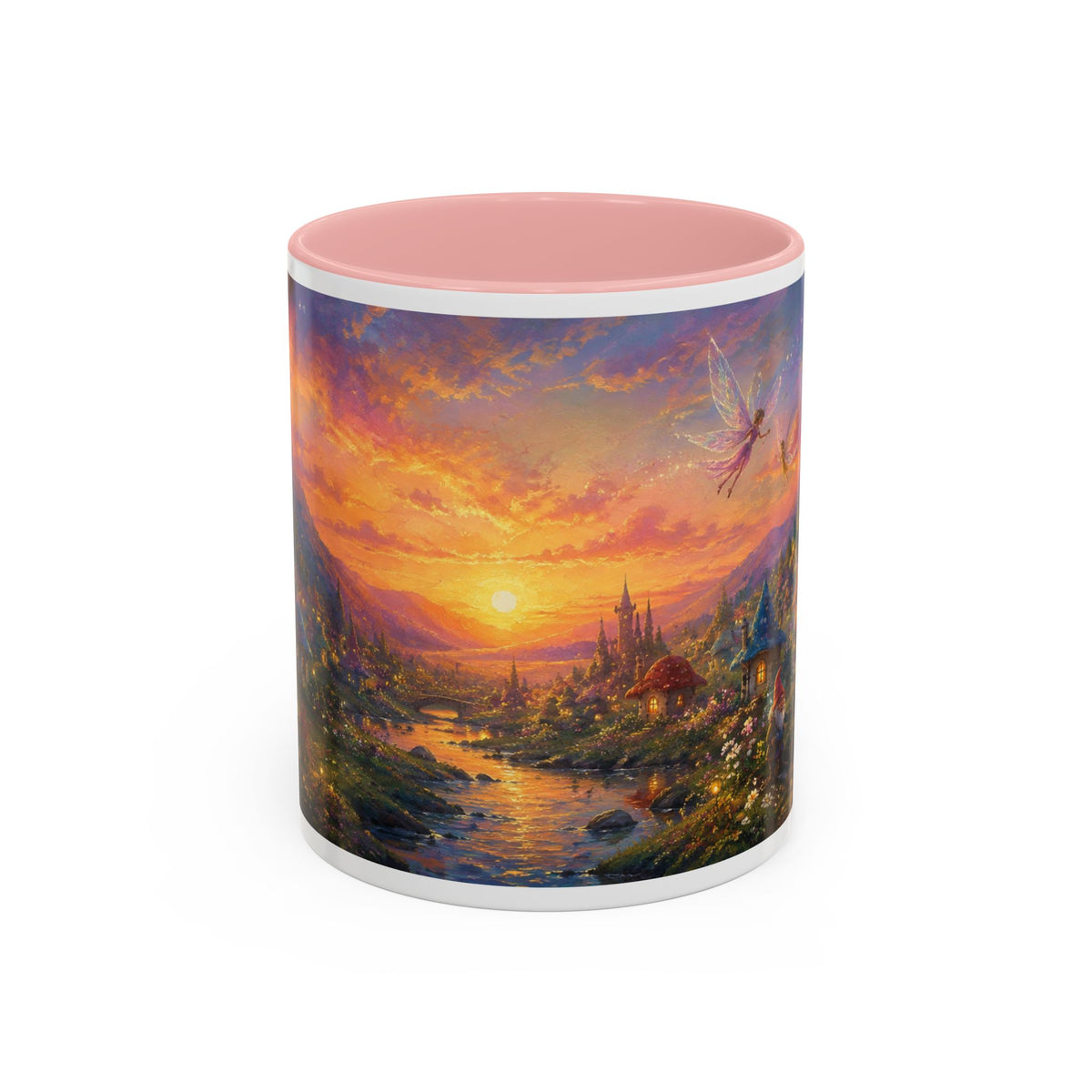 Fantasy Sunset Coffee Mug — Whimsical Village Sunrise Art Accent Mug (11/15oz)