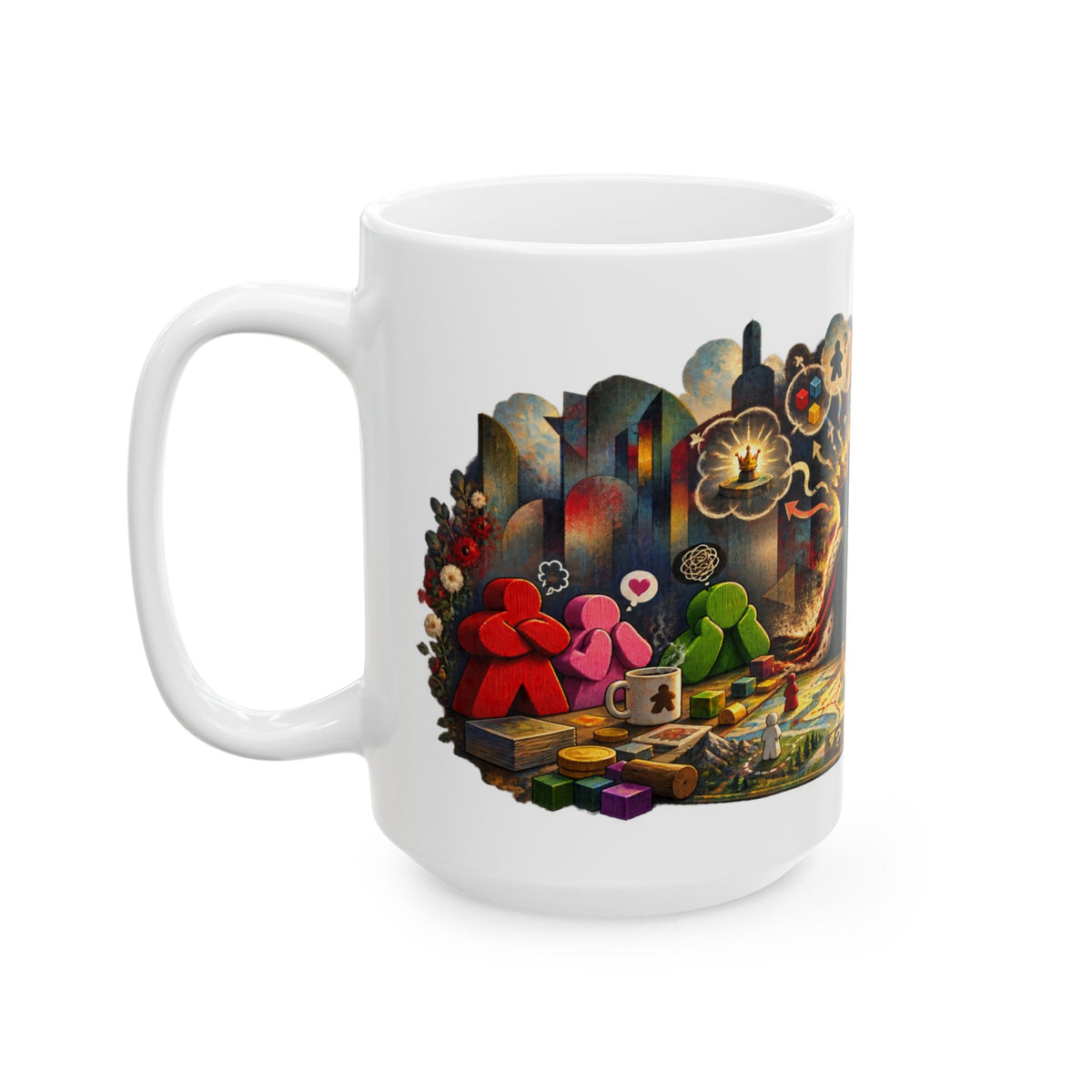 Board Game Art Ceramic Mug - Colorful Meeples, Dice & Strategy Scene (11oz/15oz)