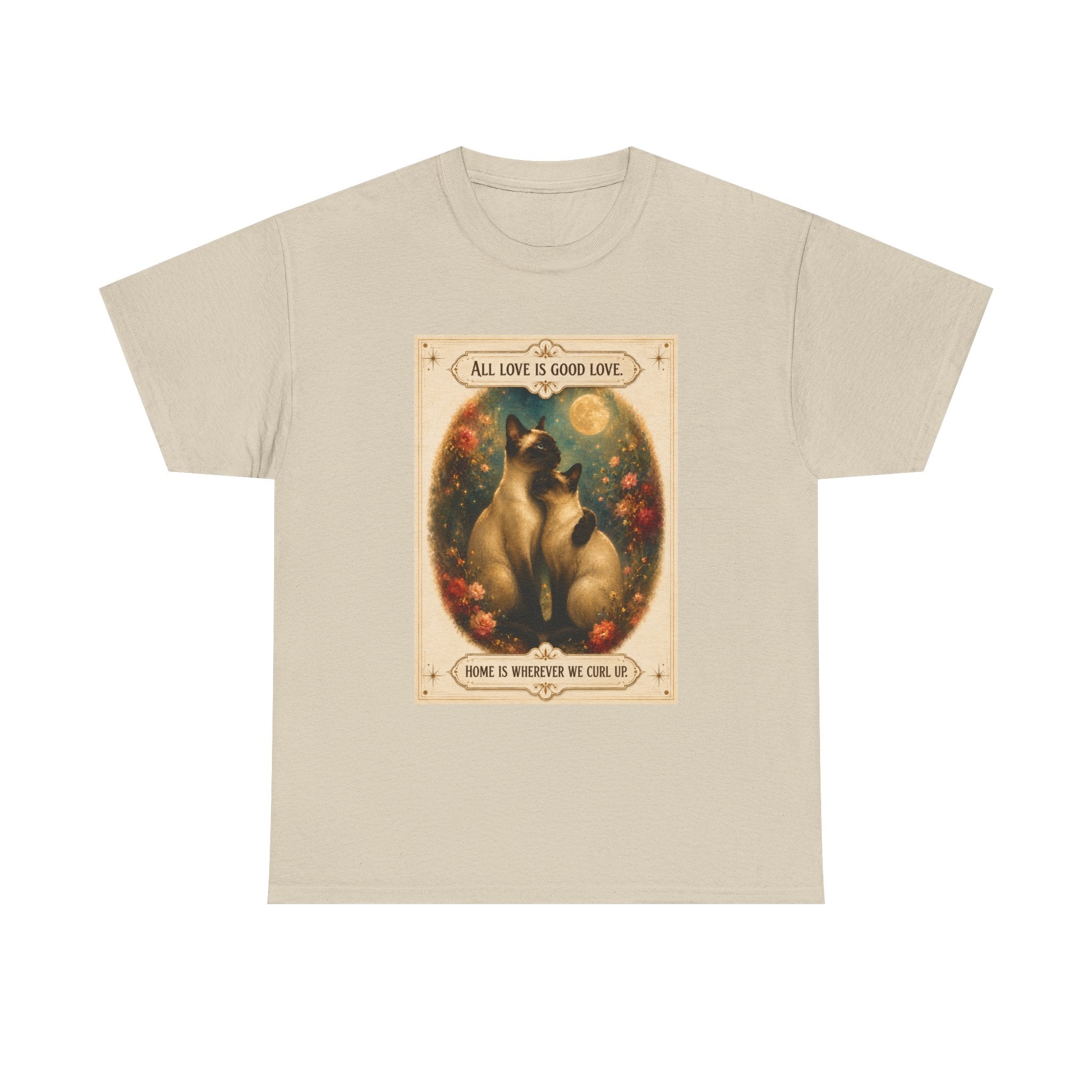 Cat Love Vintage Poster T-Shirt — "All Love Is Good Love" Graphic Tee. Siamese cats in love.