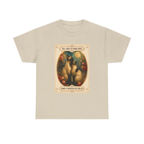 Cat Love Vintage Poster T-Shirt — "All Love Is Good Love" Graphic Tee. Siamese cats in love.