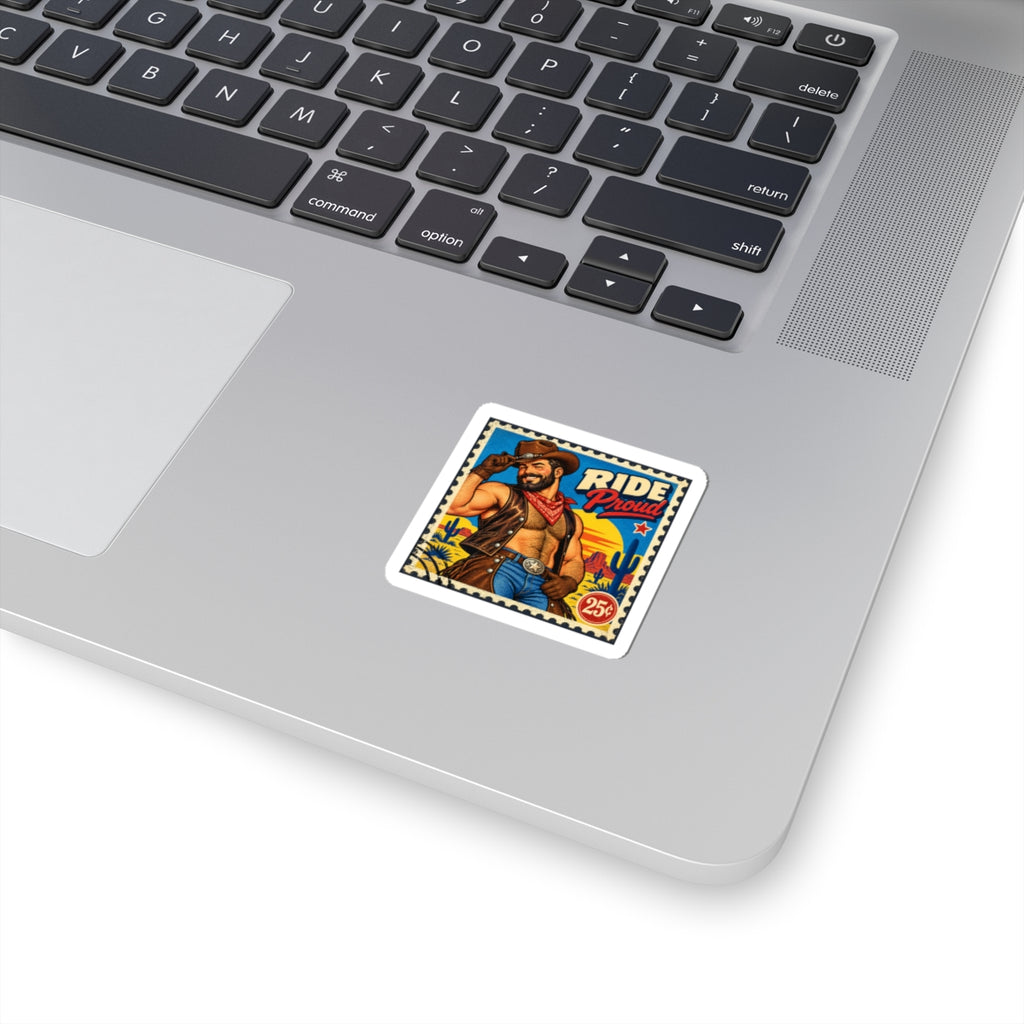 Cowboy Ride Proud Kiss-Cut Sticker — Retro Western Motorcycle Design