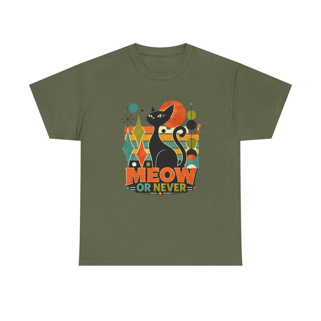 Cat T-Shirt — "Meow or Never" Retro Cat Graphic Tee. Tangentsies Cat Mod t=shirt