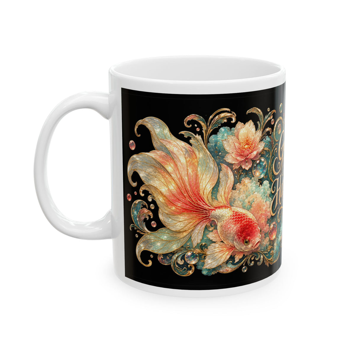 Goldfish Are My Happy Place Ceramic Mug — Floral Aquarium Coffee Cup (11oz/15oz)