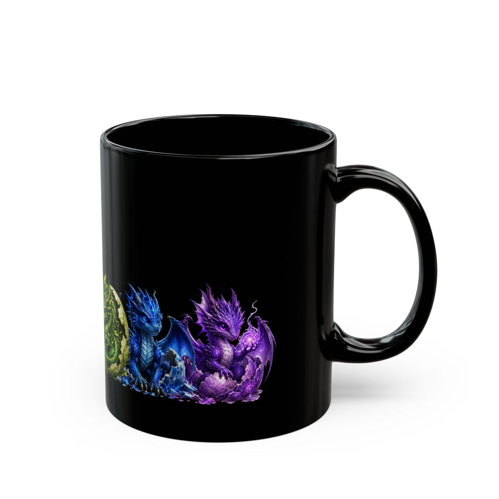 Dragon Hatchlings Black Mug — Colorful Elemental Baby Dragons Coffee Cup (11oz/15oz)Rainbow Dragons
