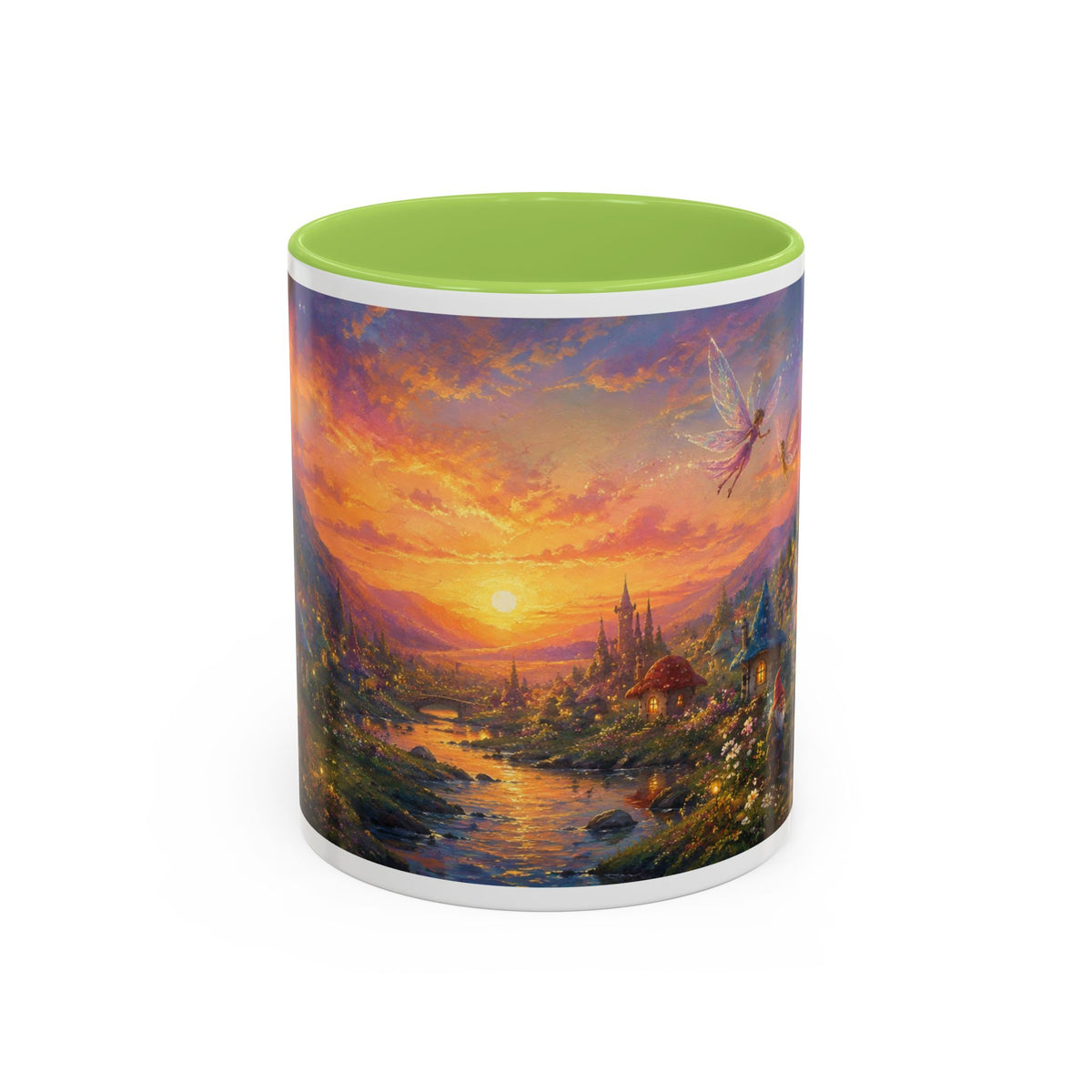 Fantasy Sunset Coffee Mug — Whimsical Village Sunrise Art Accent Mug (11/15oz)