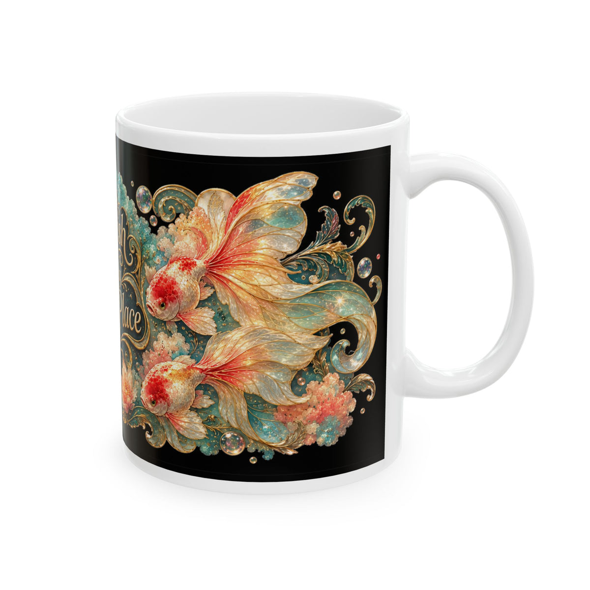 Goldfish Are My Happy Place Ceramic Mug — Floral Aquarium Coffee Cup (11oz/15oz)
