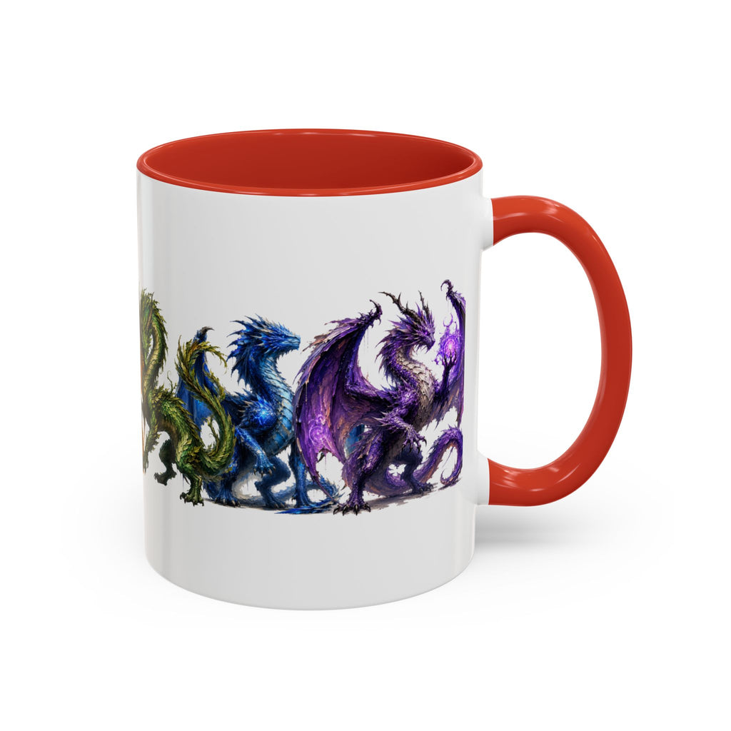 Rainbow Dragon Lineup Accent Coffee Mug — Colorful Fantasy Creature Tea & Coffee Cup