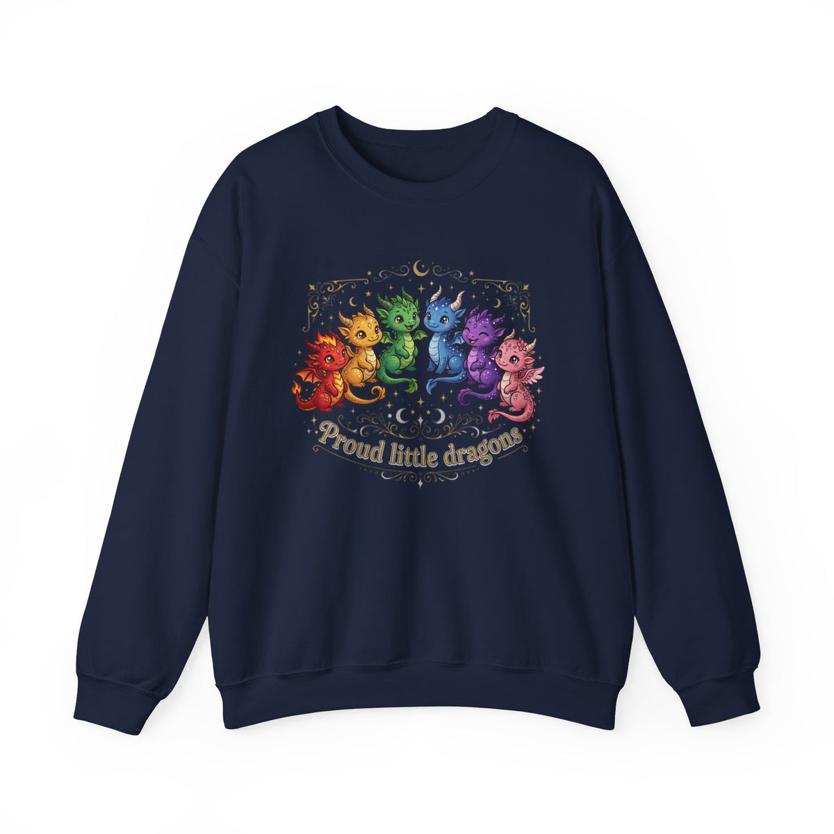 Crewneck Sweatshirt — "Proud Little Dragons" Rainbow Baby Dragon Graphic