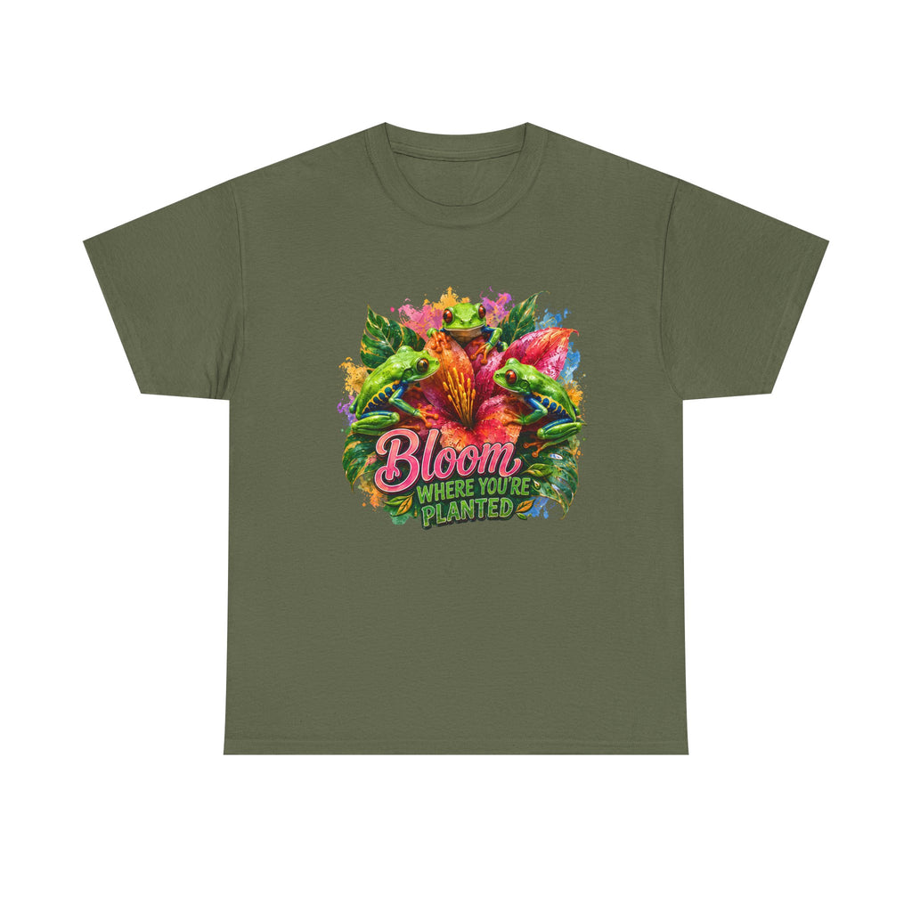 Bloom Where You're Planted Floral T-Shirt — Colorful Garden Graphic Tee. Tree Frogs t-shirt