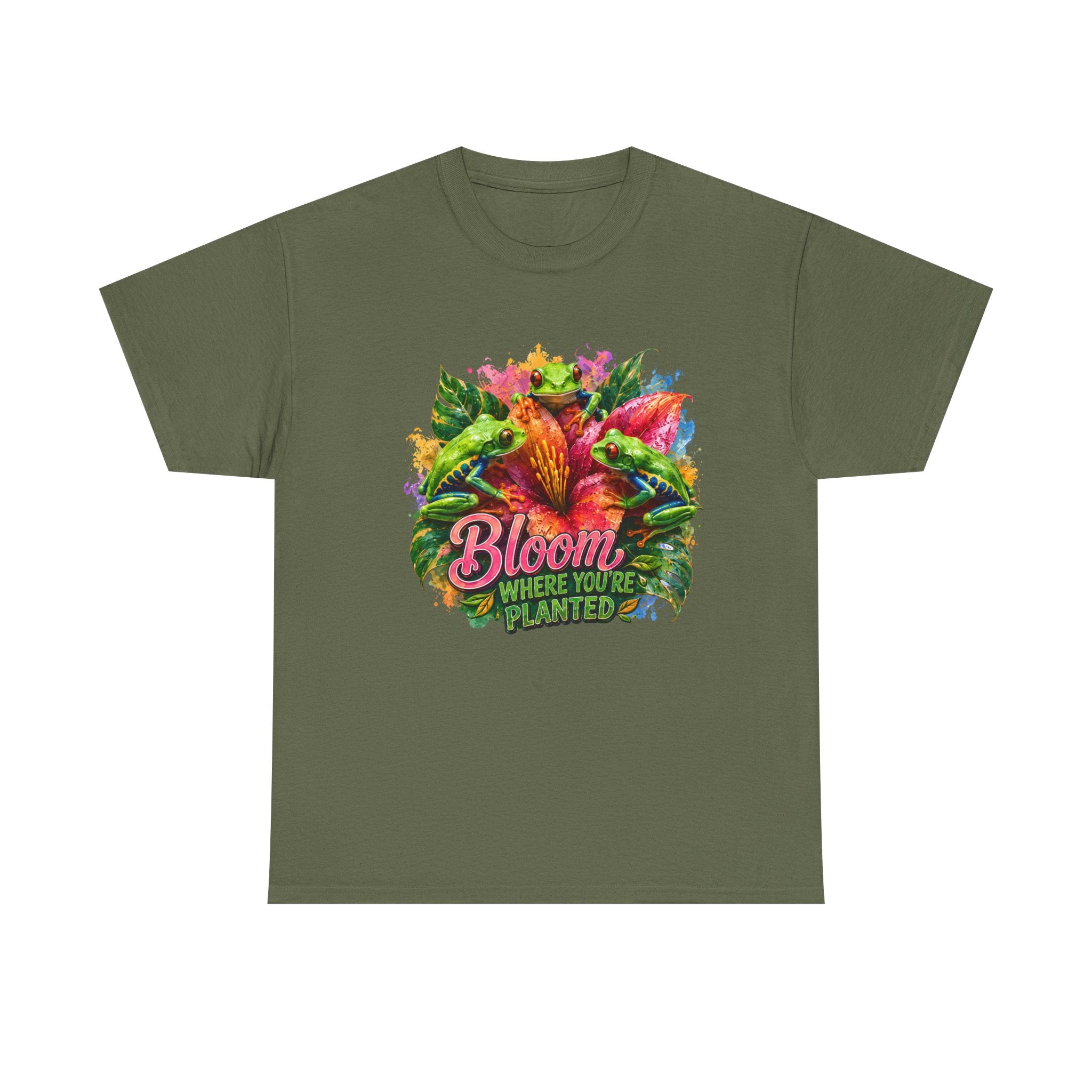 Bloom Where You're Planted Floral T-Shirt — Colorful Garden Graphic Tee. Tree Frogs t-shirt