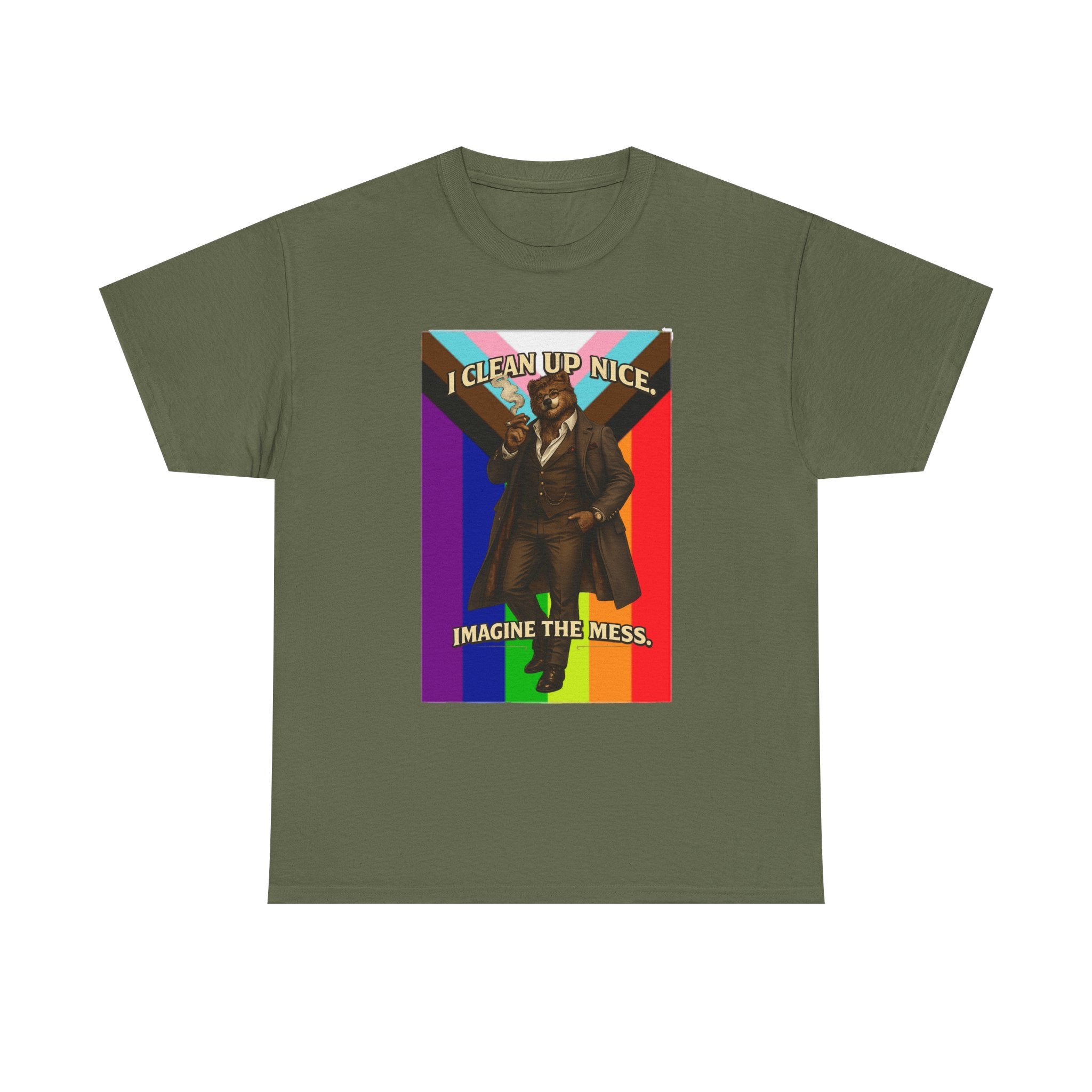 I Clean Up Nice T-Shirt — Funny Retro Pride Graphic Tee (Imagine the Mess) Bears, leather and all inclusive shirt
