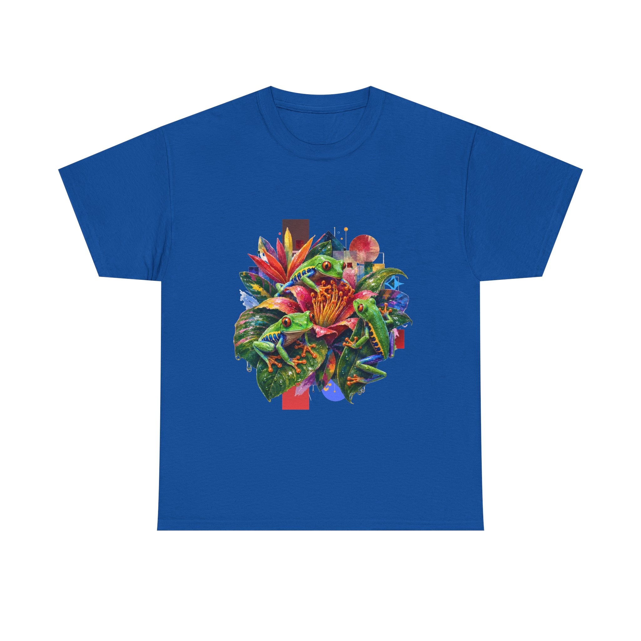 T-Shirt — Tropical Floral Collage Tee. Frog tee, Tree Frogs in Foliage. Eco-friendly reminder.