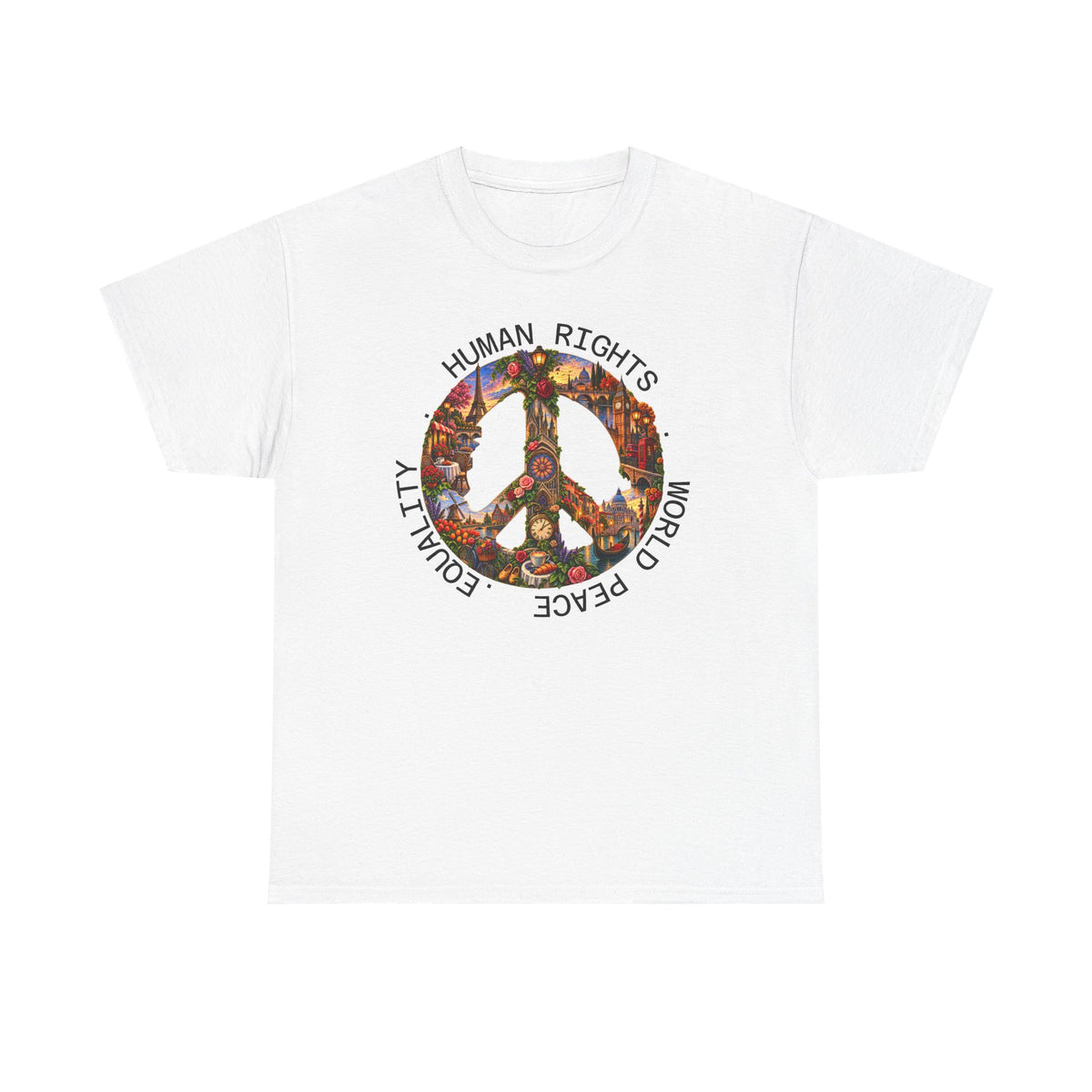 Peace Flower Graphic Tee — "World Peace • Human Rights • Equality" Cotton T‑Shirt