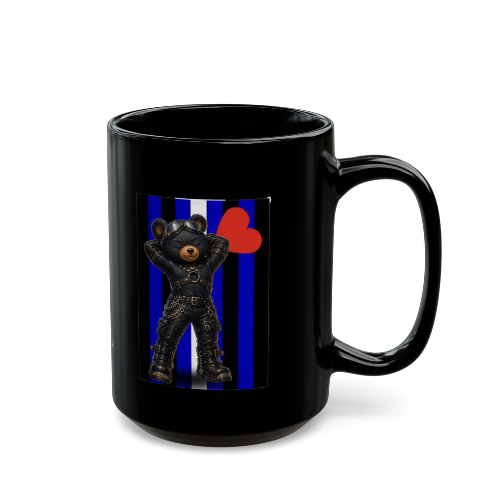 Leather Bear Mug — Biker Teddy on Blue Stripe Black Coffee Cup (11oz, 15oz)