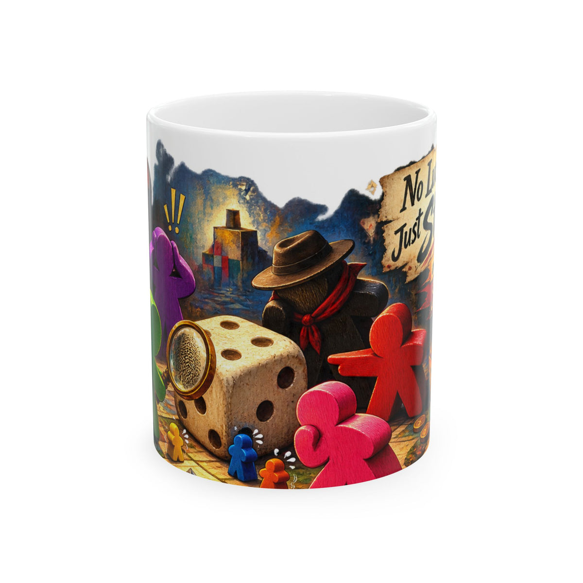 Board Game Adventure Ceramic Mug — Colorful Meeples, Dice & 'Not All Who Wander' Art (11oz/15oz)