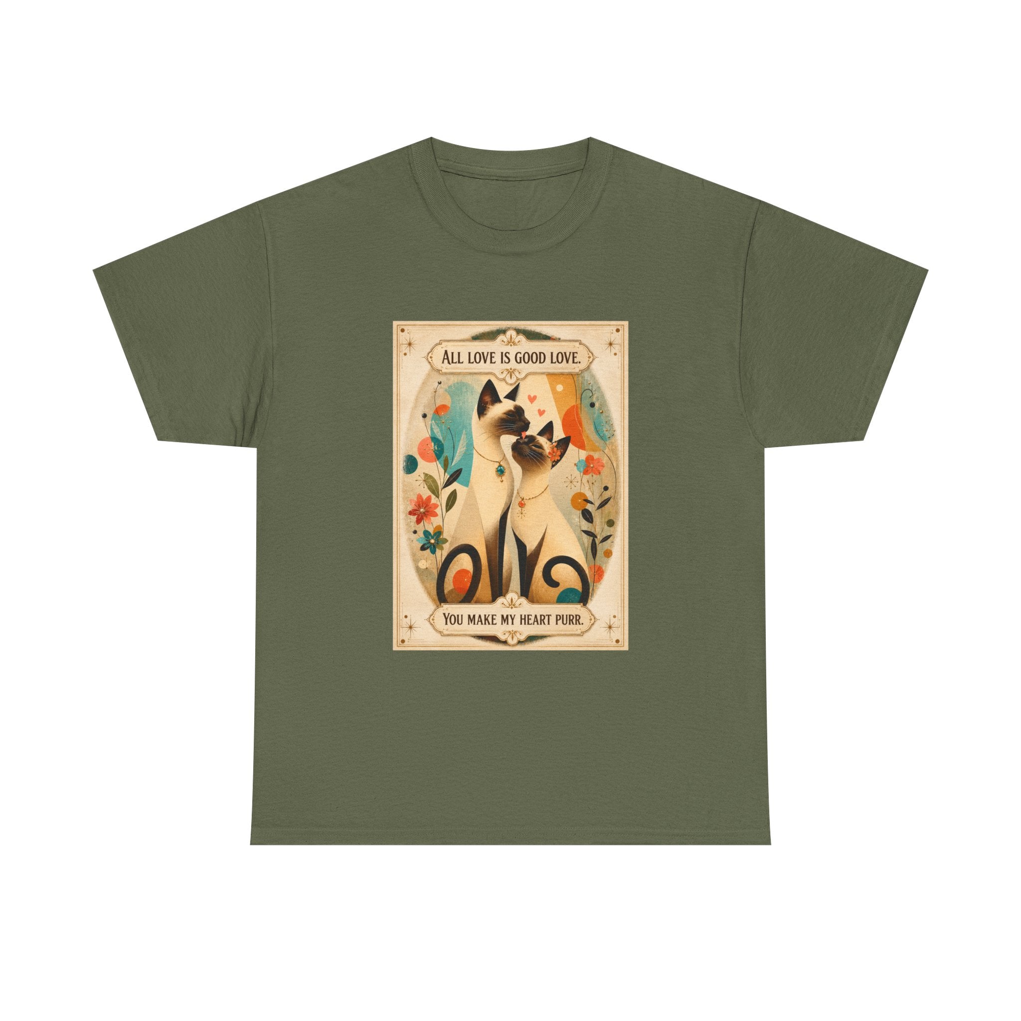 Siamese Cat, Retro Poster T-Shirt – "All Love is Good Love / You Make My Heart Purr" Siamese Cat lovers.