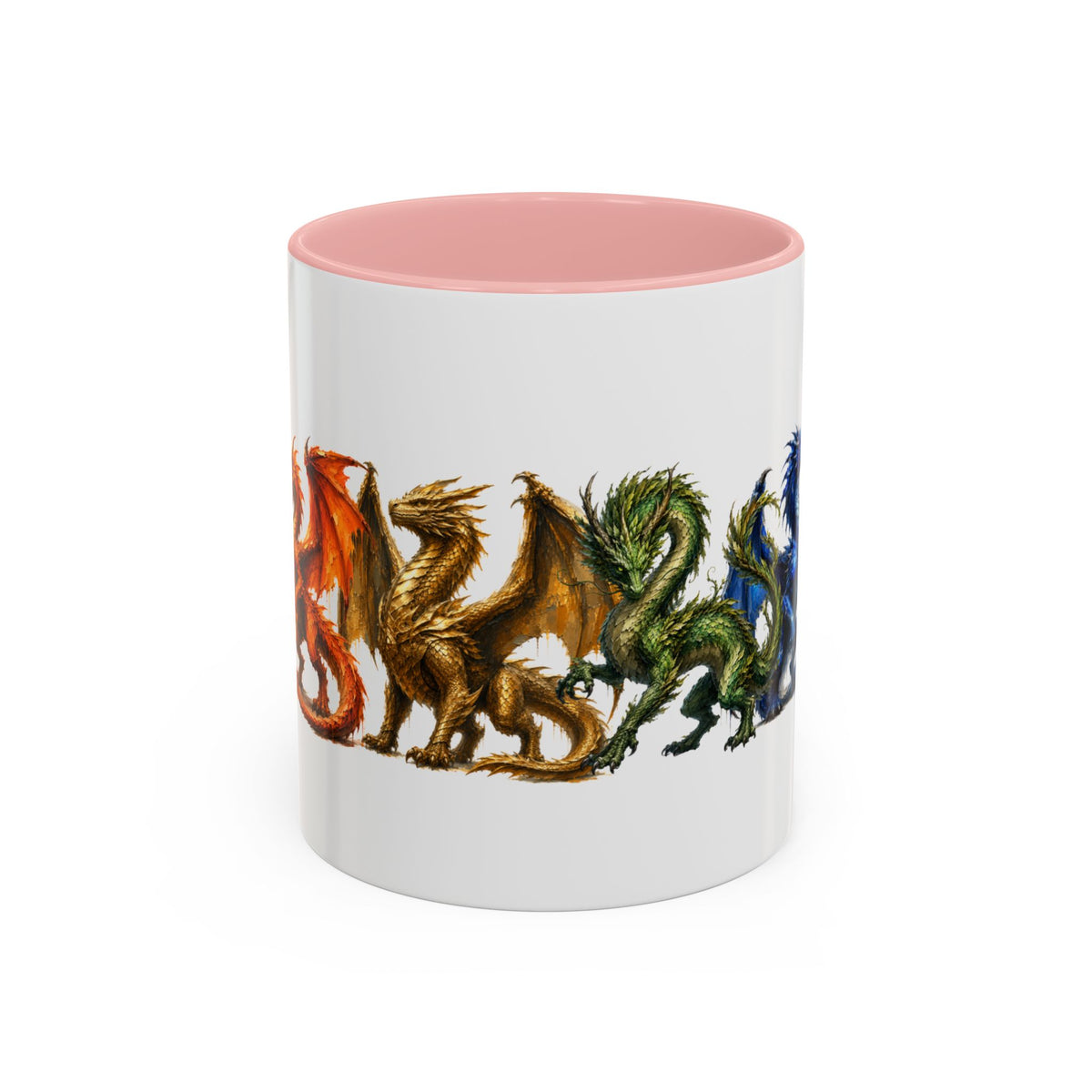 Rainbow Dragon Lineup Accent Coffee Mug — Colorful Fantasy Creature Tea & Coffee Cup