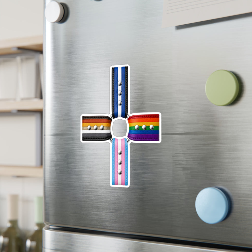 Pride Flag Cross Vinyl Sticker — Kiss-Cut LGBTQ+ Ally Decal (Rainbow, Trans & Stripes)