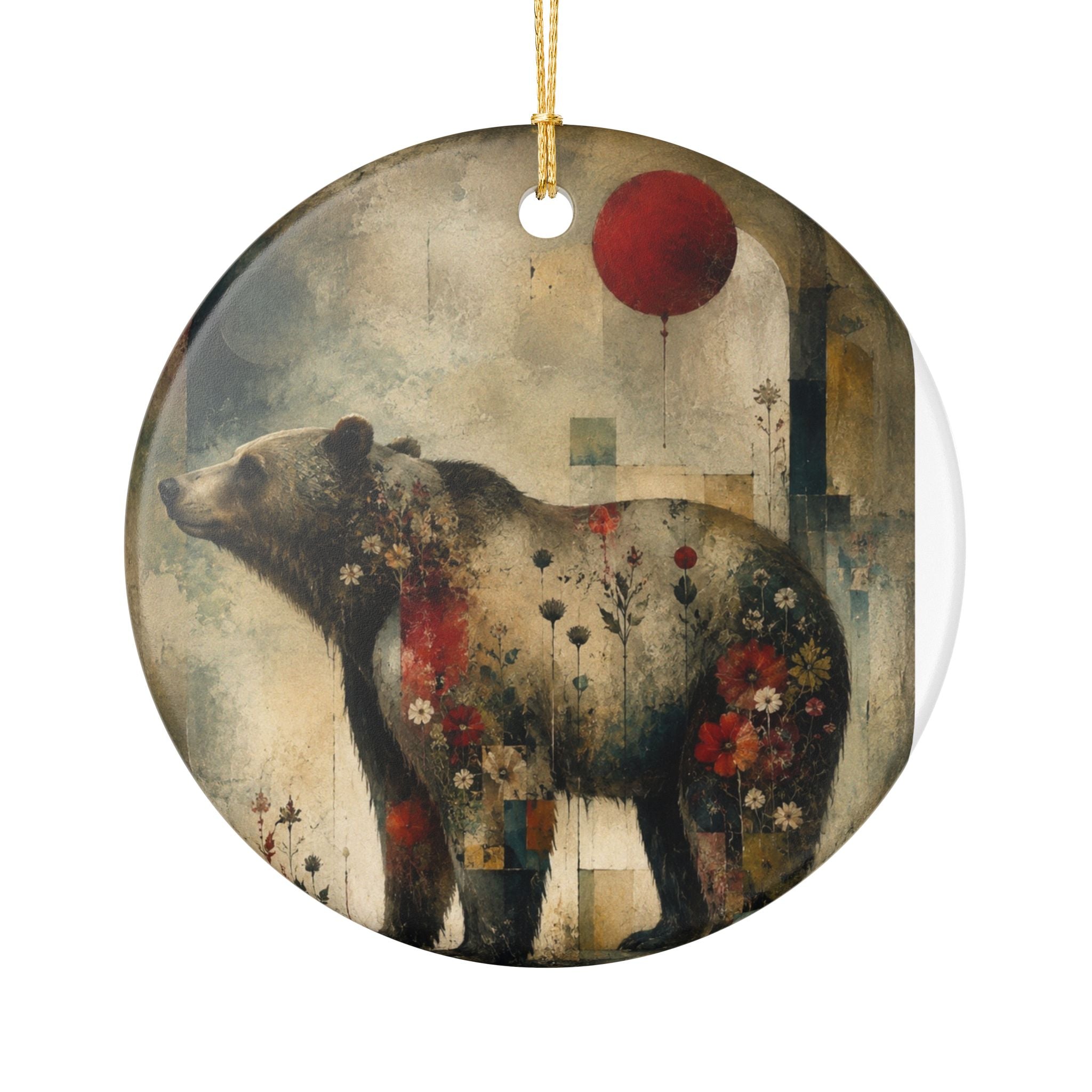 Bear with Red Balloon Ceramic Ornament — Rustic Woodland Holiday Decoration