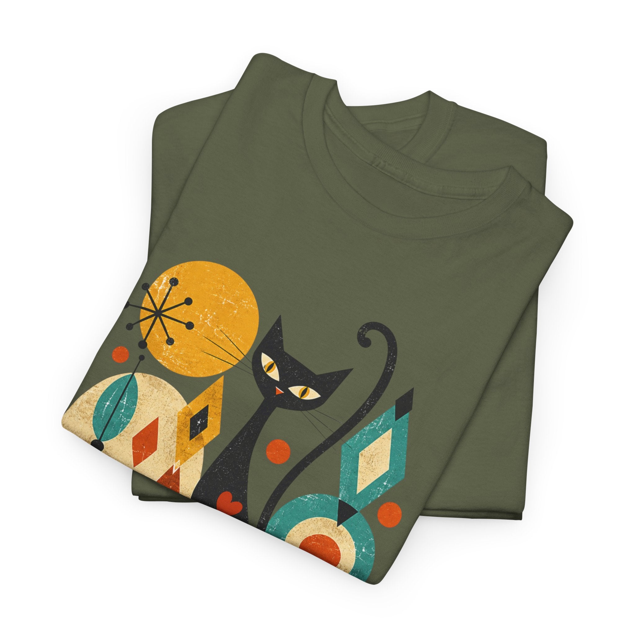 Feline Fine Retro Cat T-Shirt — Mid Century Modern Cat Lover Tee. Tangentsies Mod Cat T-shirt