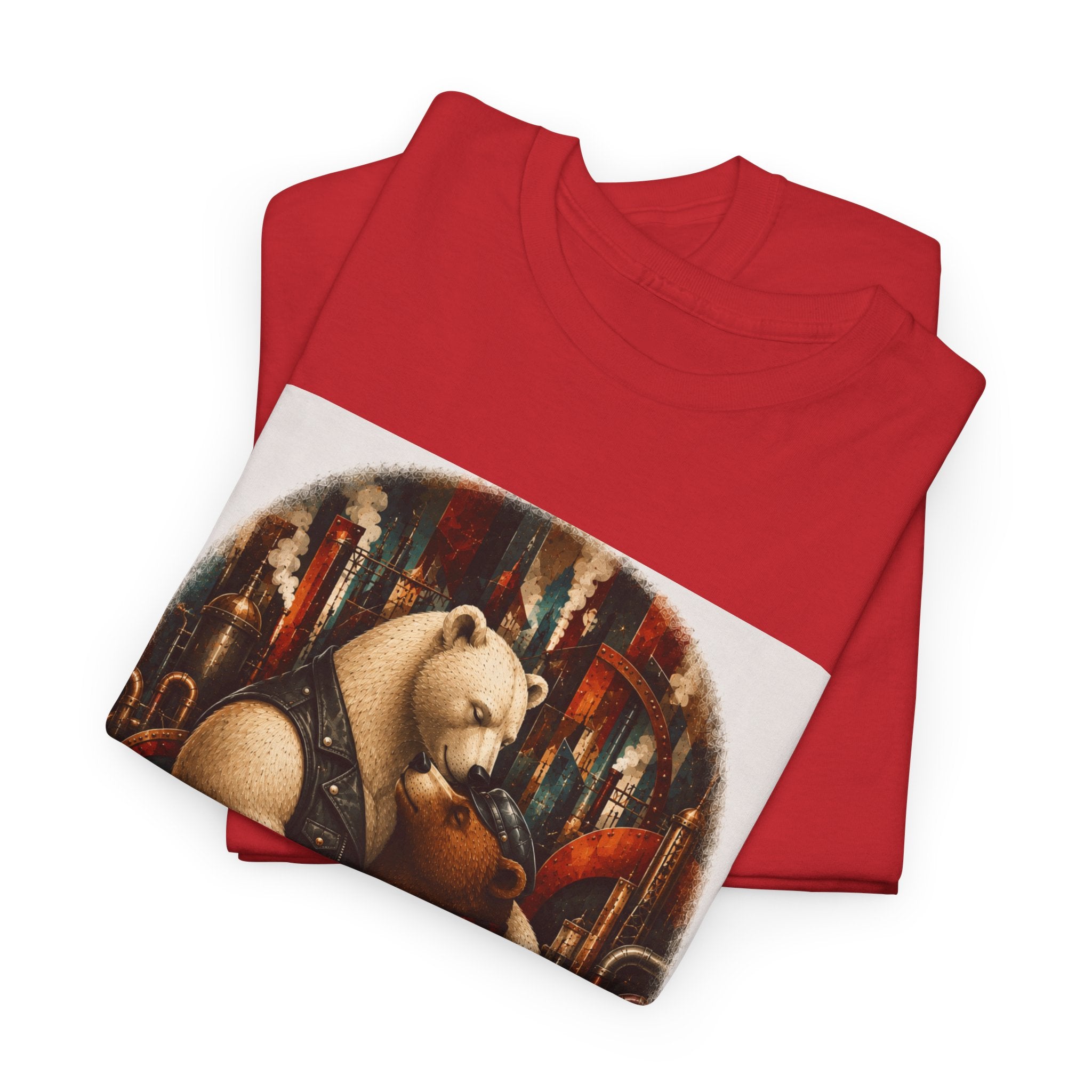 Bear Musician T‑Shirt — Vintage Stylized Bear Playing Violin Art Tee. An image of two Bears in a loving embrace. Colorful steampunk background. Mod.