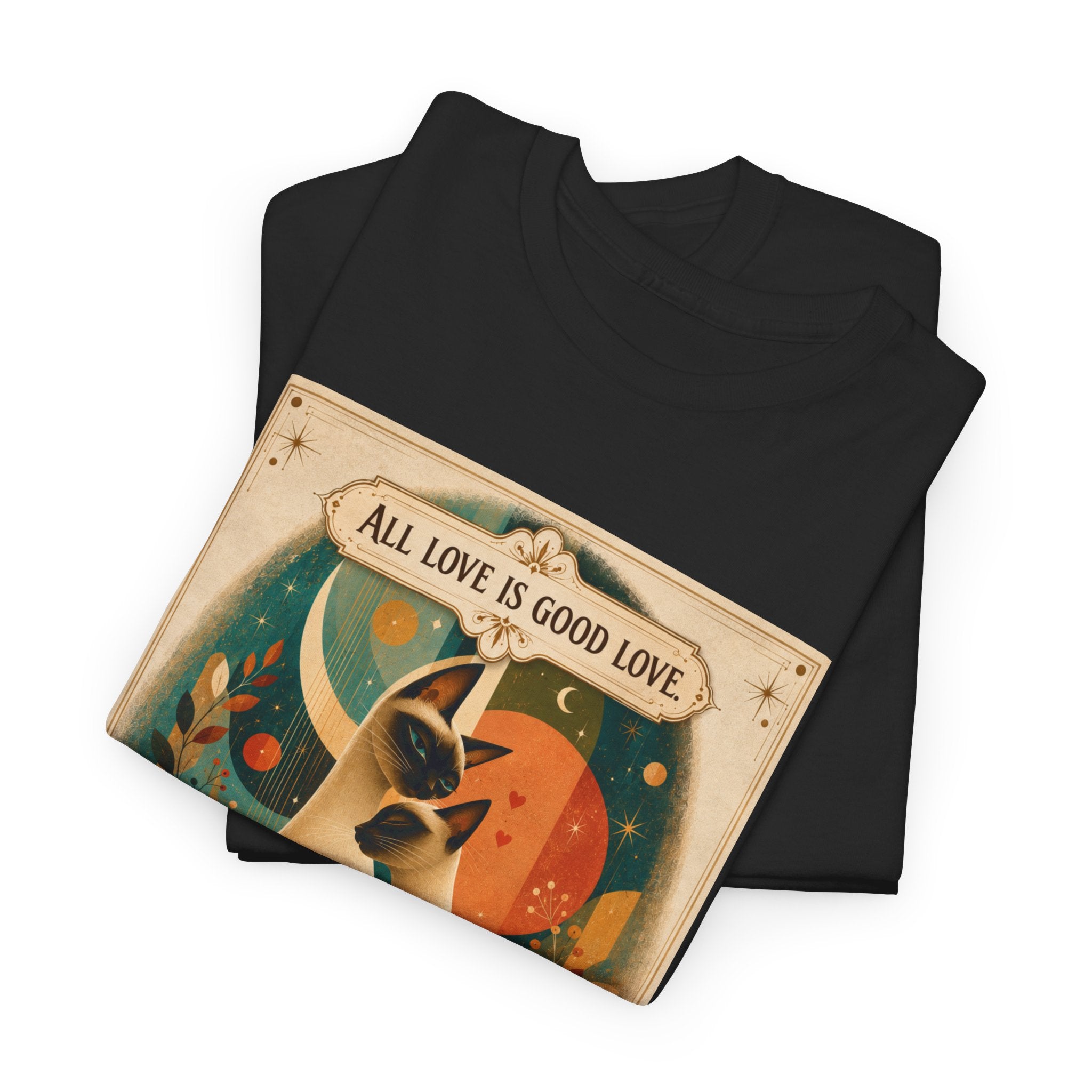 Cat Love Graphic Tee — "All Love Is Good Love" Retro Cat Couple T-Shirt. Siamese Cat Shirt Cat Lover Gift Cat Mom Shirt Cat Dad Shirt Cat People Apparel Cute Cat T-Shirt Cat Lover Tee Siamese Cat...