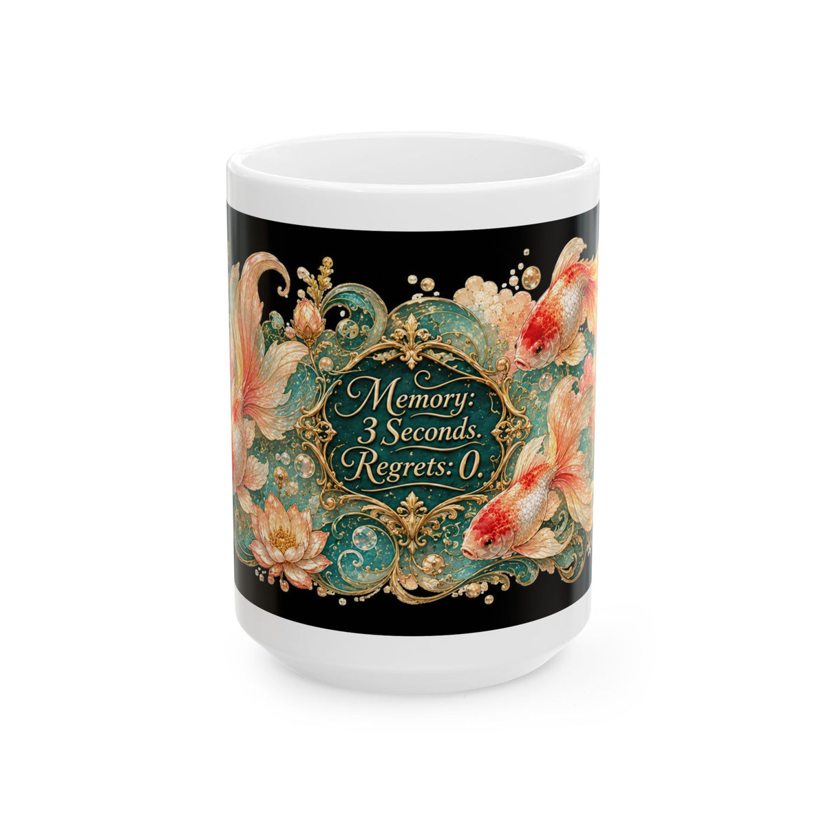 Memory: 3 Seconds, Regrets: 0 Ceramic Mug — Vintage Floral Koi Coffee Cup