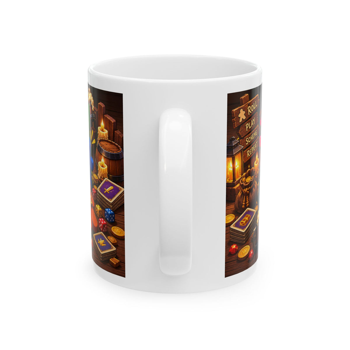 Ceramic Mug — "Powered by Meeples & Poor Decisions" Board Game Coffee Cup