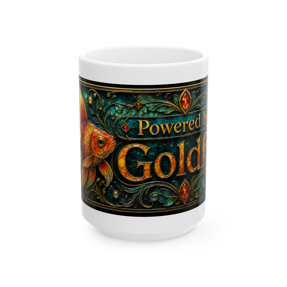 Powered by Gold Ceramic Mug — Fantasy Goldfish Art Coffee Cup (11oz & 15oz)