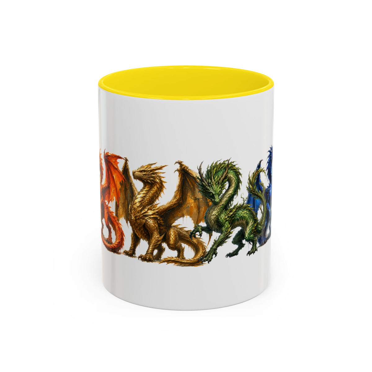 Rainbow Dragon Lineup Accent Coffee Mug — Colorful Fantasy Creature Tea & Coffee Cup