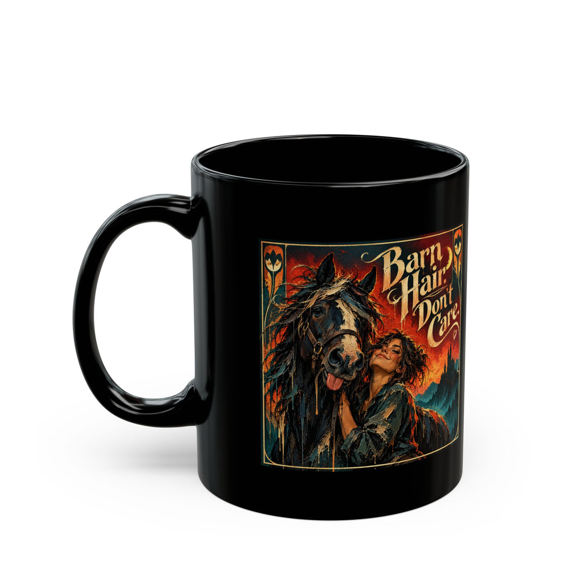 Black Mug — 'Barn Hair Don't Care' Rustic Horse Coffee Cup (11oz/15oz)Horse Lover Coffee Mug – Equestrian Art Mug with Jewel Tone Horse Painting