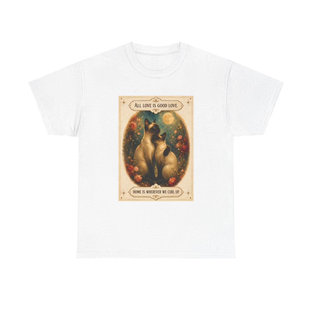Cat Love Vintage Poster T-Shirt — "All Love Is Good Love" Graphic Tee. Siamese cats in love.