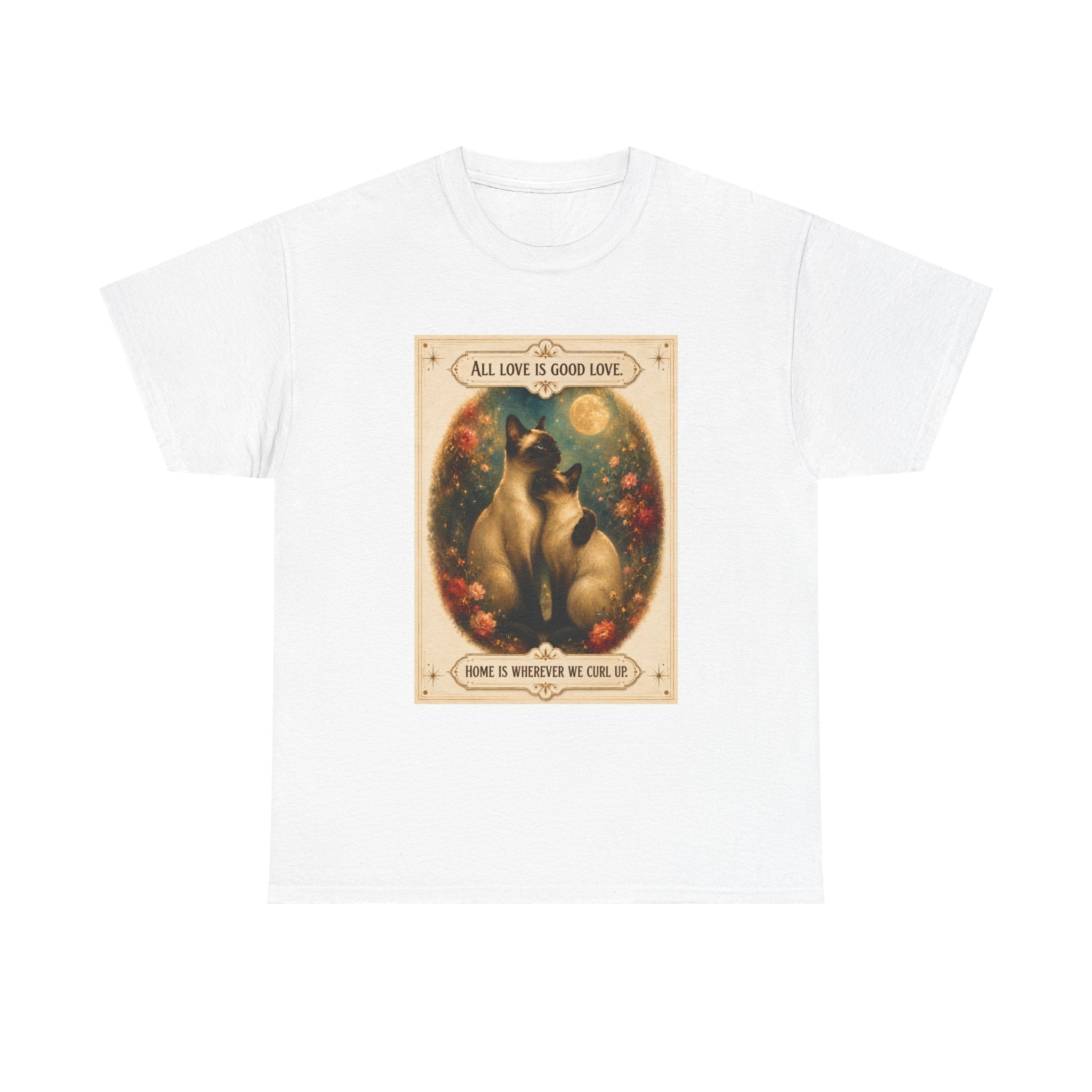 Cat Love Vintage Poster T-Shirt — "All Love Is Good Love" Graphic Tee. Siamese cats in love.