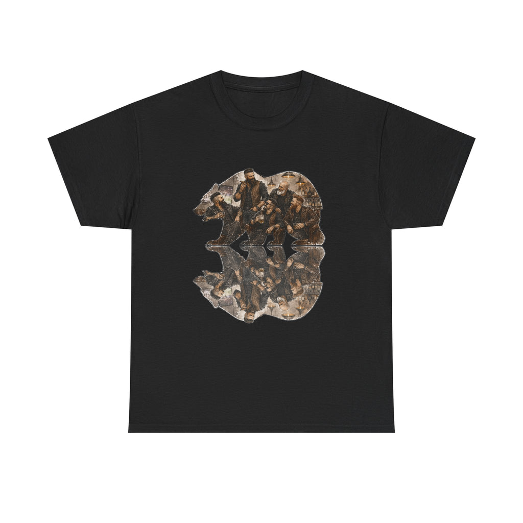 Bear men, friends gather, Reflection T-Shirt — Rustic Mountain Wildlife Graphic Tee