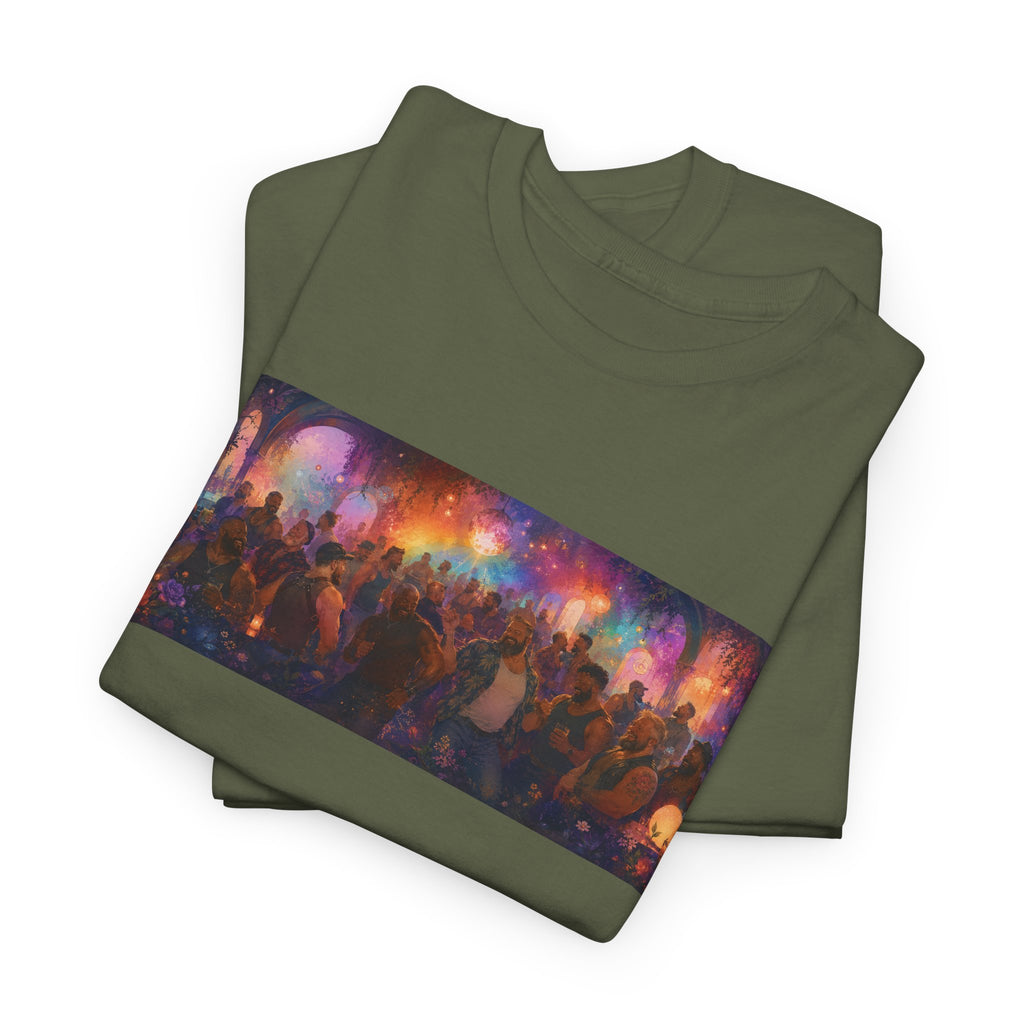 Festival Crowd Sunset Bear Party Graphic Tee. Bears dancing the night away.