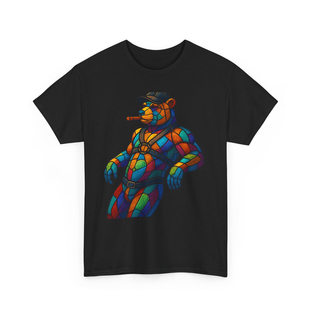 Stained Glass Bear Tee — Colorful Smoking Bear Graphic T-Shirt Bear cigar bear. Colorfull rainbow bear. Leather bear