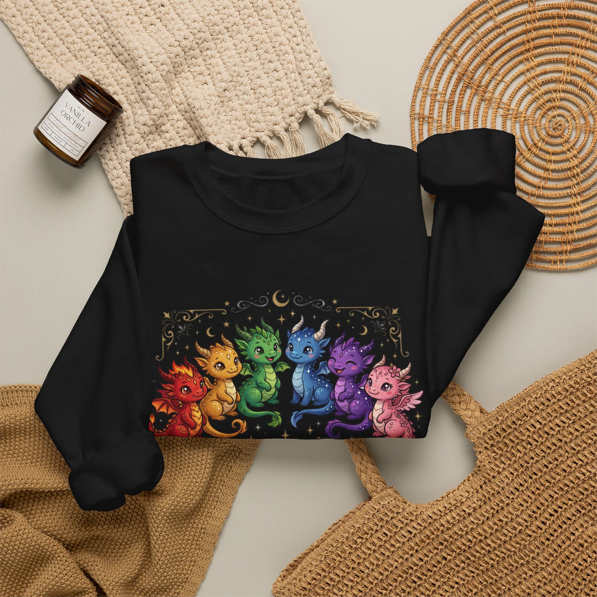 Crewneck Sweatshirt — "Proud Little Dragons" Rainbow Baby Dragon Graphic