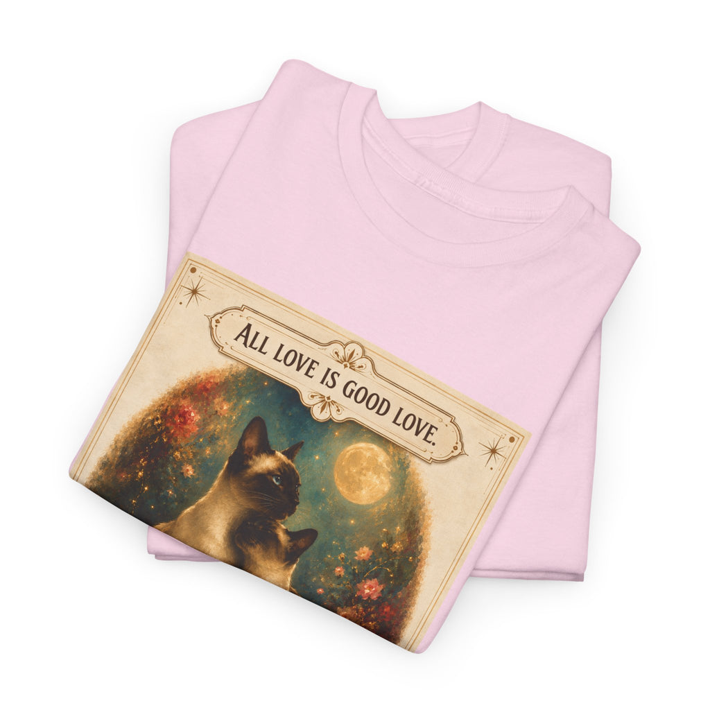 Cat Love Vintage Poster T-Shirt — "All Love Is Good Love" Graphic Tee. Siamese cats in love.