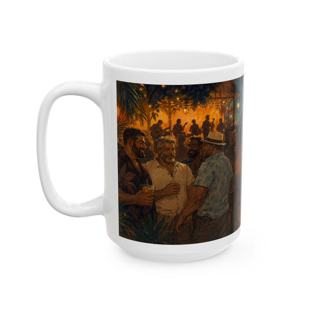Ceramic Mug — Tropical Night Market Bear Couples Art. Bear Dance night for Bear mug lovers.