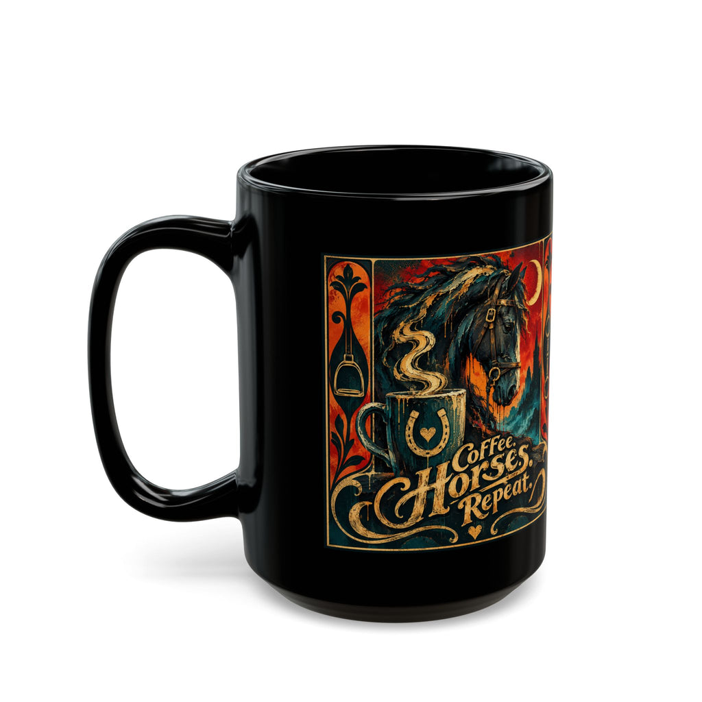 Coffee Horses Repeat Mug — Vintage Gothic Horse & Coffee Art (Black 11oz/15oz)